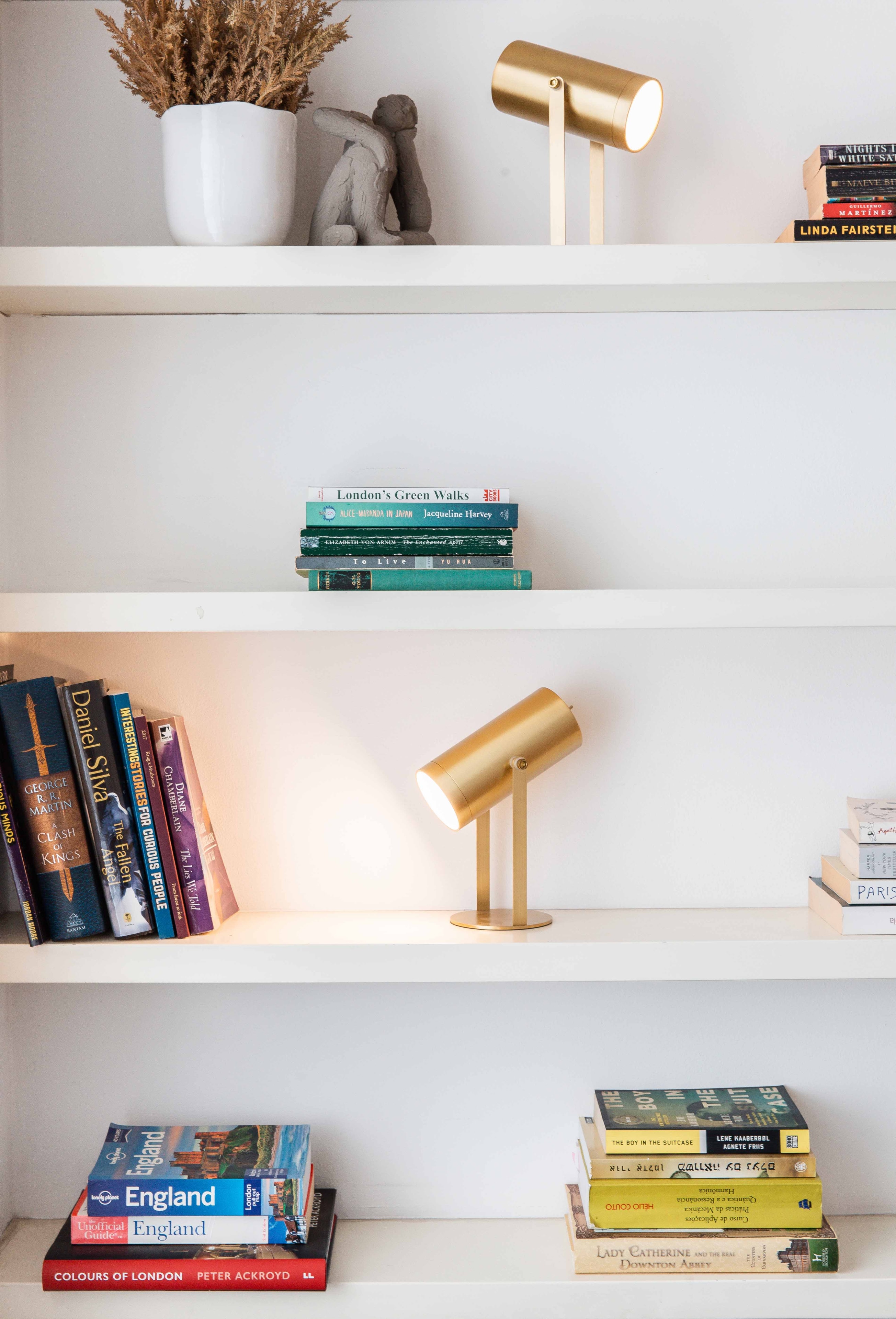 Styled bookshelf with brass lighting and curated books